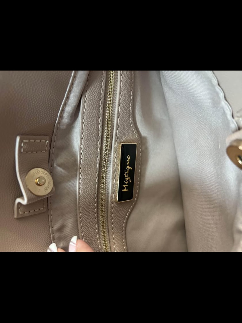 Mystique Boutique Taupe/Beige Leather Tote with Gold Nameplate
